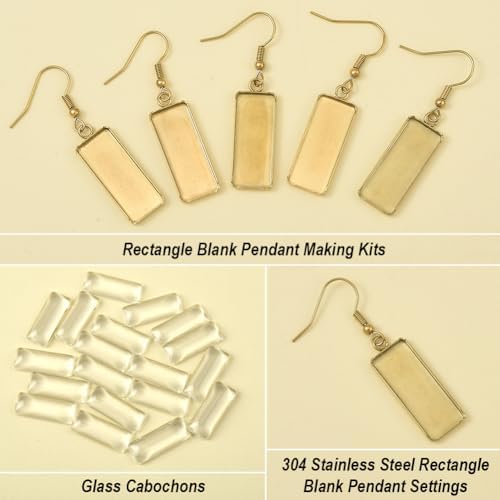 1 Box 60Pcs 20 Sets Earring Blank Tray Bezel Set Earring Blanks 10x25mm Rectangle Pendant Trays with Glass Cabochons Settings Silicone Ear Backs for Jewelry Making Supplies DIY Dangle Charms - Image 6
