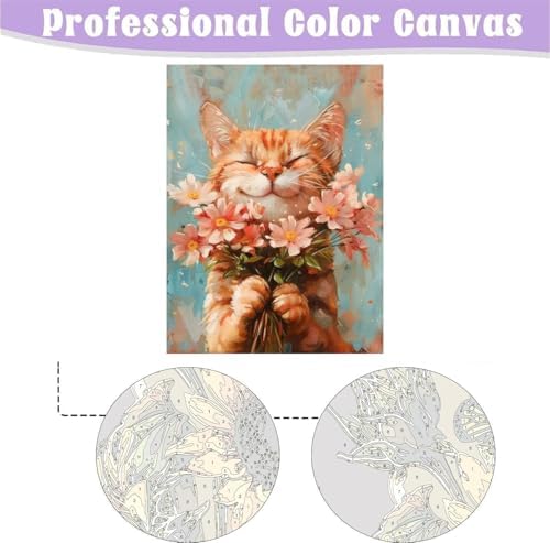 Cat Paint by Numbers Kit for Adults with Framed Canvas&Wooden Easel, DIY Acrylic Paint by Numbers Kits on Canvas, Cat with Flower Drawing Paintwork Arts and Crafts for Home Wall Decor 12x16inch - Image 2