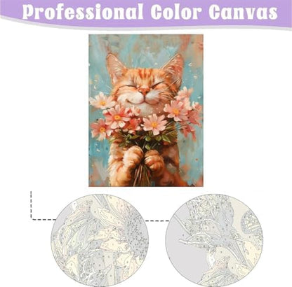 Cat Paint by Numbers Kit for Adults with Framed Canvas&Wooden Easel, DIY Acrylic Paint by Numbers Kits on Canvas, Cat with Flower Drawing Paintwork Arts and Crafts for Home Wall Decor 12x16inch - Image 2