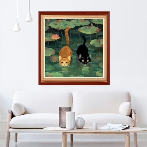 Joyhoor Cross Stitch Kits for Beginners Stamped Cross-Stitch Supplies Needlework preprint Embroidery Kits for Adults DIY Needlepoint Kit Embroidery Patterns 11CT-Cat Pond Fishing 18×18 inch - Image 2