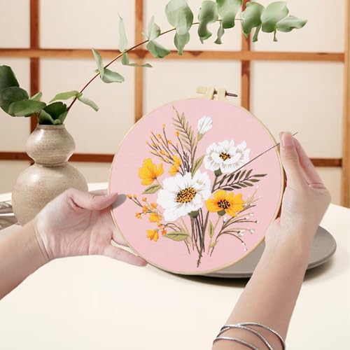 Ohcol 3 Sets Embroidery Kit,Cross Stitch Kits Needlepoint Kits for Adults Beginner,Needle Point Kits with Washable Pre-Printed Floral Pattern,Hoops,Women DIY Hand Crafts - Image 2