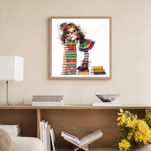 Cute Woman with Books Stamped Cross Stitch Kits for Beginner 13.7x13.7 Inch - Image 4