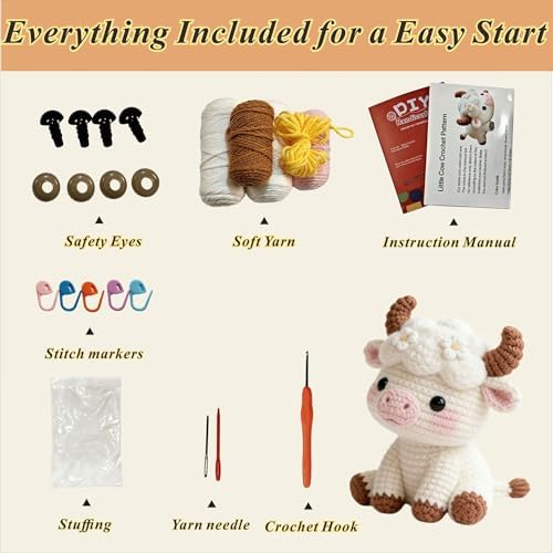 Morcolplus Skyward Bull Crochet Kit for Beginners, Amigurumi Bull Crochet Starter Kit with Step-by-Step Video Tutorials, DIY Yarn Craft Crochet Animal Kit, Cute Creative Gift - Image 6