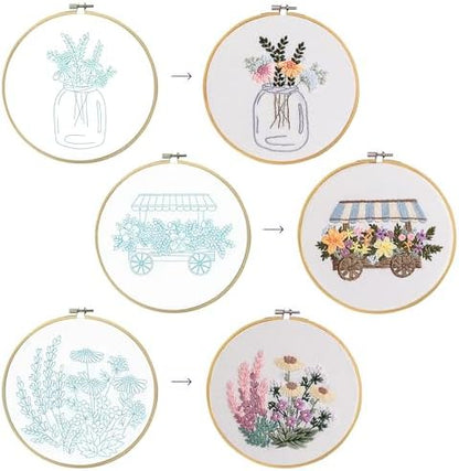 Looples Embroidery Kit for Beginners and Adults with Video Tutorials – DIY Starter Kit with 3 Stamped Floral Patterns, Hoops, Threads, Needles, and Instructions - Cart, Glass Jar, and Flowers - Image 5