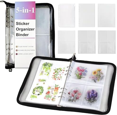 5-in-1 Sticker Organizer Book Reusable A5 Storage Binder with 220 Pockets,10 Release Papers, Zipper Album Sticker Collecting Display Keeper (Black) by EASTVIO