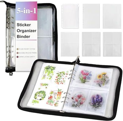 5-in-1 Sticker Organizer Book Reusable A5 Storage Binder with 220 Pockets,10 Release Papers, Zipper Album Sticker Collecting Display Keeper (Black) by EASTVIO