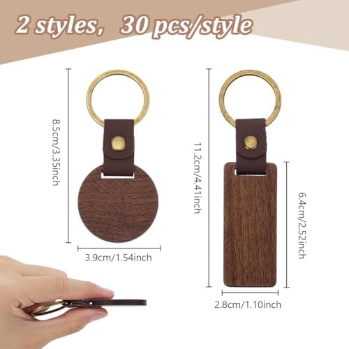 60 PCS Leather Wood Keychain Blanks Unfinished Wooden Keychains Rectangular and Round Shape Walnut Wood Keychains Blanks for Engraving DIY Crafts Personalized Gifts - Image 2