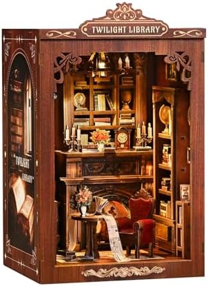Twilight Library Book Nook Kit - DIY Miniature Dollhouse with LED Warm Light, 3D Wooden Puzzle Bookends, Immersive Miniature, Stress Relief Craft Gift for Adults Teens, Aesthetic Home Decor by WelcometoHavefunfun