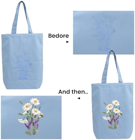 Canvas Tote Bag Embroidery Kit with Pattern for Beginners, Arts and DIY Embroidery Crafts Kits for Adults, Instructions, Embroidery Hoops, Color Threads (lightblue, CR002 huaxiangyiren lightblue) - Image 5