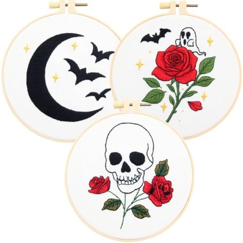 Skull Rose Embroidery Kits for Beginners Adults, Halloween Goth Embroidery Sets Needlepoint Kits, Halloween Stamped Cross Stitch Kits for Beginners Adults, 3 Embroidery Hoops (Attached Video Tutorial) by Armindou