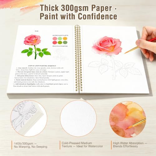 Creazic 2-Pack Watercolor Workbook for Beginners, Pre-Sketched Floral & Bird Coloring Book, 24 Projects on 140lb/300gsm Watercolor Paper, Step-by-Step Tutorial to Relax & Spark Joy for Adults & Teens - Image 5