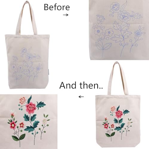CREAWONDER Canvas Tote Bag Embroidery Kit with Pattern for Beginners, Arts and DIY Embroidery Crafts Kits for Adults, Include Instructions, Thimble, Embroidery Hoops, Color Threads and Tool - Image 5