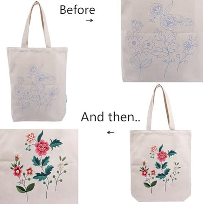 CREAWONDER Canvas Tote Bag Embroidery Kit with Pattern for Beginners, Arts and DIY Embroidery Crafts Kits for Adults, Include Instructions, Thimble, Embroidery Hoops, Color Threads and Tool - Image 5