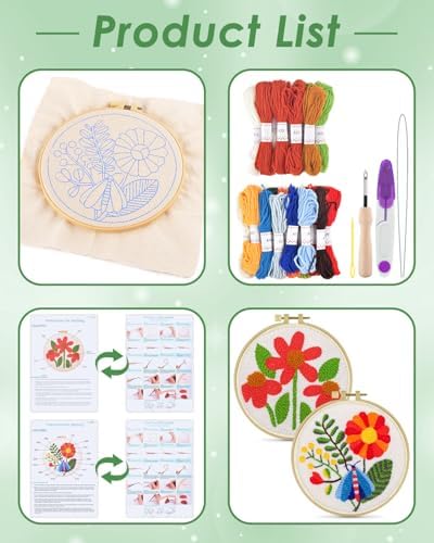 ERKOON Punch Needle Kit Adults Beginners, 2 Pcs DIY Easy Flower Embroidery Set for Starter Art Craft, Needling Punching Project with Patterns, Tools, Yarns, Hoop, Instruction (Safflower) - Image 2