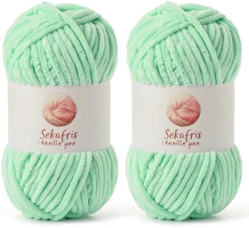 Chenille Yarn for Crocheting Size 5 Bulky Yarn 2 Pack Mint Green by Sekafris