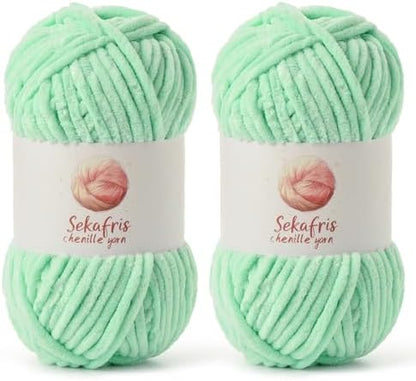 Chenille Yarn for Crocheting Size 5 Bulky Yarn 2 Pack Mint Green by Sekafris