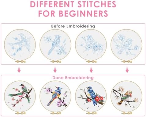TINDTOP Embroidery Kit for Adults, Flowers and Bird Embroidery Practice Kits for Beginners Adults Include Embroidery Cloth Hoops Threads for Craft Lover Hand Stitch - Image 3