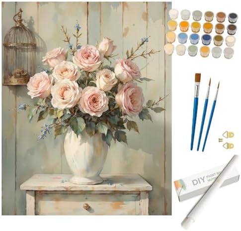 Still Life Paint by Numbers Kit for Adults - DIY Pink Roses in Vase Painting Rolled on Canvas 16x20 Inches, Acrylic Paint Set, Suitable for Beginners, Art for Home Decoration or Gifts by Unknown