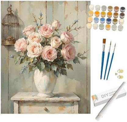 Still Life Paint by Numbers Kit for Adults - DIY Pink Roses in Vase Painting Rolled on Canvas 16x20 Inches, Acrylic Paint Set, Suitable for Beginners, Art for Home Decoration or Gifts by Unknown