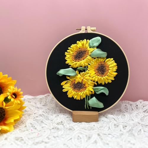 FONNUY Ribbon Embroidery 3D Flowers Pattern Design Kit Embroidery DIY Handwork Set Oval Home Decoration (Sunflower) - Image 5