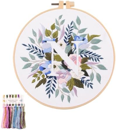 artcici Embroidery Kits Plant Flower Leaf English Letter Patterns for Beginners Adults, Full Range Embroidery Starter Kits Cross Stitch Needlework Supplies (Letter N) by Unknown