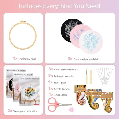 FEIYUENO 3 Sets Flowers Embroidery Kit for Beginner Adults (Floral) - Image 2