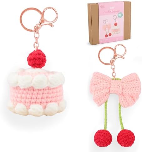 HOUSE CREATIVITY Crochet Keychain Kit for Beginners – Make 2 Cute Cake & Bow Charms, Amigurumi Crochet Starter Kit with Video Tutorial, Yarn & Keyring, DIY Bag Charm Gift by HouseCreativity