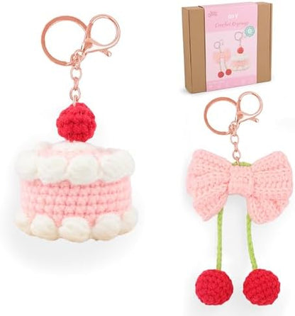HOUSE CREATIVITY Crochet Keychain Kit for Beginners – Make 2 Cute Cake & Bow Charms, Amigurumi Crochet Starter Kit with Video Tutorial, Yarn & Keyring, DIY Bag Charm Gift by HouseCreativity