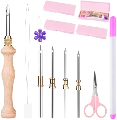 Cheloment 4 Set Punch Needle Kit with Storage Box, Adjustable Tool with 5 Metal Needles, Embroidery Set for Adults (Pink) by Cheloment