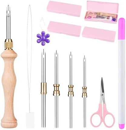 Cheloment 4 Set Punch Needle Kit with Storage Box, Adjustable Tool with 5 Metal Needles, Embroidery Set for Adults (Pink) by Cheloment