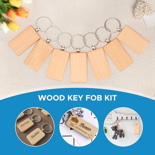 OMTech Wooden Keychain Blanks, Wood Key Chain Bulk, Unfinished Wooden Key Rings Key Tags for Laser Engraving DIY Craft Gift - Image 6