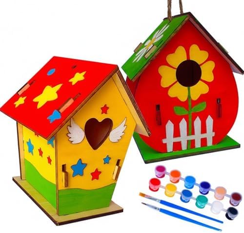 DIY Wooden House Craft Kit with Paints & Brushes, Pre-Cut Basswood Assembly Project for Home Decor, 5.9 x 4.7 x 7.1 Inches by Unknown