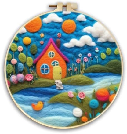 CaptainCrafts DIY Needle Felting Starter Kit with Picture Hoop, Foam Pad, Felt Cloth, Instructions for Home Decoration, Beginner Art Craft (Cottage Happy Home) by CaptainCrafts