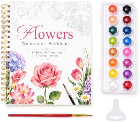 Watercolor Workbook for Beginners, 15 Beautiful Flower Water Coloring Book, Includes 24 Water Colors Workbooks Paint Set, Relaxing Art Projects and Creative Gift for Adults & Teen by WTIGRD