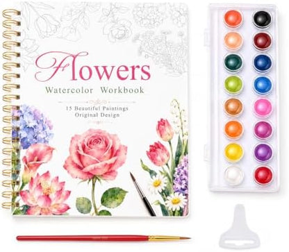 Watercolor Workbook for Beginners, 15 Beautiful Flower Water Coloring Book, Includes 24 Water Colors Workbooks Paint Set, Relaxing Art Projects and Creative Gift for Adults & Teen by WTIGRD