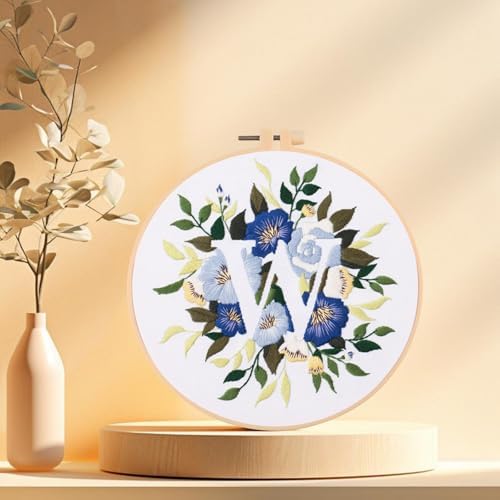 IUHUI Embroidery Kit for Beginners Adults - 26 Floral Letters Easy Patterns, DIY Hand Stitching Embroidery Set with Hoop (Flower and Grass Letter W) - Image 3