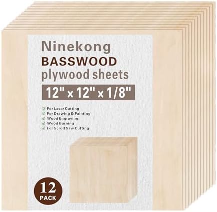 12 Pack Basswood Sheets 1/8 inch,12"x12"x1/8" Plywood Sheets,3mm Basswood for Laser Cutting,Laser Engraving Blanks,Thin Natural Unfinished Wood for Crafts,Wood Burning,Scroll Saw Cutting by Unknown