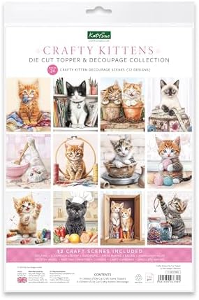 Katy Sue Crafty Kittens Die-Cut Card Topper & Decoupage Collection. 4 Sheets of Kitten & Cat-Themed Card Toppers & 4 Sheets of Die-Cut Decoupage for Card Making Supplies, Scrapbooking & Craft Supplies by KatySue