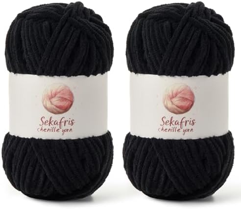 Chenille Yarn for Crocheting Size 5 Bulky Yarn 2 Pack Black by Sekafris