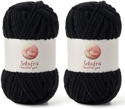 Chenille Yarn for Crocheting Size 5 Bulky Yarn 2 Pack Black by Sekafris