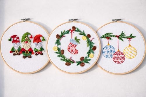 Looples Embroidery Kit for Beginners and Adults with Video Tutorials – DIY Starter Kit with 3 Stamped Floral Patterns, Hoops, Threads, Needles, and Instructions (Gnomes, Ornaments & Holiday Wreath) - Image 5