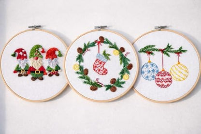 Looples Embroidery Kit for Beginners and Adults with Video Tutorials – DIY Starter Kit with 3 Stamped Floral Patterns, Hoops, Threads, Needles, and Instructions (Gnomes, Ornaments & Holiday Wreath) - Image 5