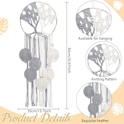 ACRNIGHEET Tree of Life Dream Catcher Macrame Kit for Adults Beginners Macrame Leave Wall Hanging Decor with Video Tutorials Handmade Woven Boho Home Decor for Bedroom Dorm Decoration(Grey Series) - Image 3