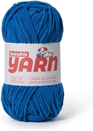 Plush Chunky Chenille Yarn for Crocheting Amigurumi, Soft Fluffy Velvet Yarn for Crocheting, Fuzzy Baby Blanket Knitting 100g/131yds Bulky（Blue） by Sekafris