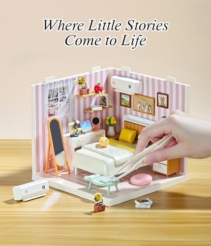 Cozy Bedroom DIY Miniature House Kit with Roof & LED Light, Stackable & Connectable Dollhouse Kit with Dustproof Door, Creative DIY Crafts Building Toy Gift for Adults Teens - Image 3