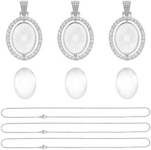 24Pcs 6 Sets Bezel Pendant Making Kit Oval Blank Bezel Pendant Trays with Glass Cabochons Pendant Trays Rhinestone Double Sided Rotatable Charm for Jewelry Making Supplies DIY Necklace Adults - Image 7