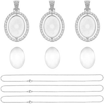 24Pcs 6 Sets Bezel Pendant Making Kit Oval Blank Bezel Pendant Trays with Glass Cabochons Pendant Trays Rhinestone Double Sided Rotatable Charm for Jewelry Making Supplies DIY Necklace Adults - Image 7