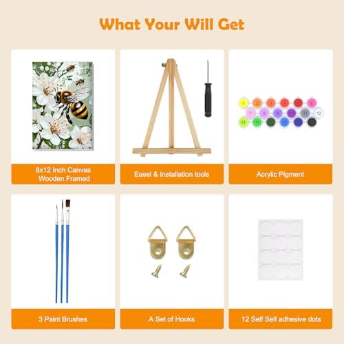 MOGTAA Paint by Numbers Kit for Adults with Frame, Bees Paint by Number Canvas, Flowers Landscape Paint by Numbers with Easel, DIY Animal Oil Painting Kit for Home Wall Decor 8 x 12 Inch - Image 5