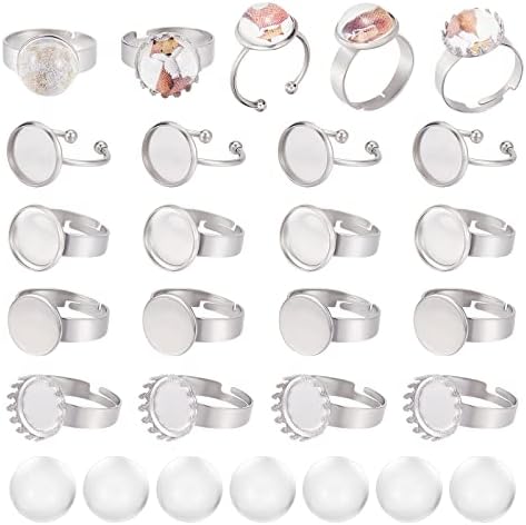 SUNNYCLUE 1 Box 40Pcs DIY 20 Sets Ring Bezel Blanks Stainless Steel Rings Blank Adjustable Finger Ring Base 12mm Tray Component Transparent Glass Dome Cabochons for Jewelry Making Kit Adult Craft by SUNNYCLUE