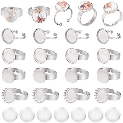 SUNNYCLUE 1 Box 40Pcs DIY 20 Sets Ring Bezel Blanks Stainless Steel Rings Blank Adjustable Finger Ring Base 12mm Tray Component Transparent Glass Dome Cabochons for Jewelry Making Kit Adult Craft by SUNNYCLUE